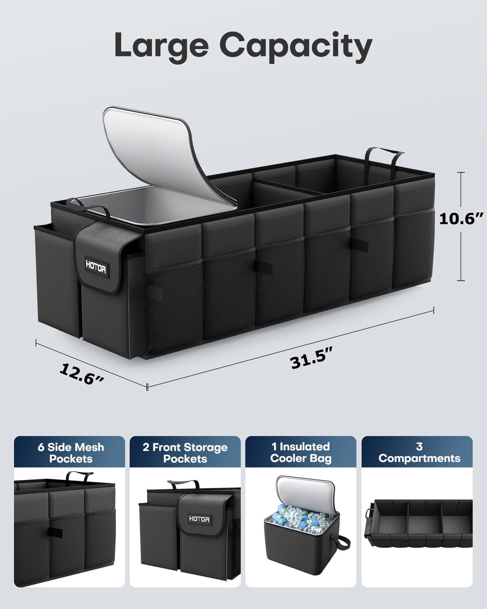 HOTOR detachable 23L cooler removed and carried separately for outings