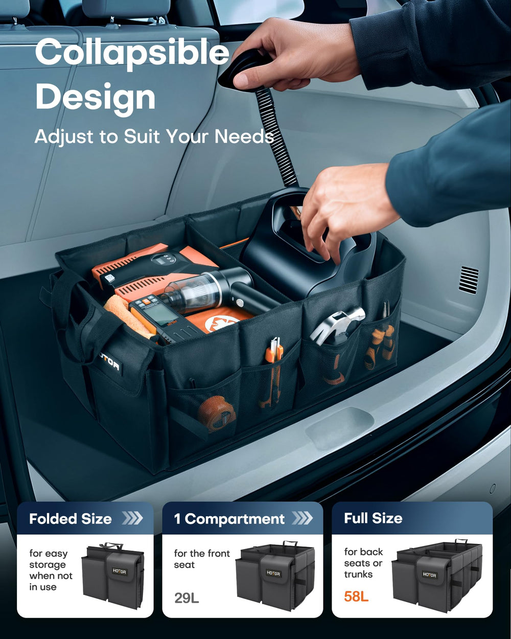 HOTOR folded flat for compact storage to save trunk space