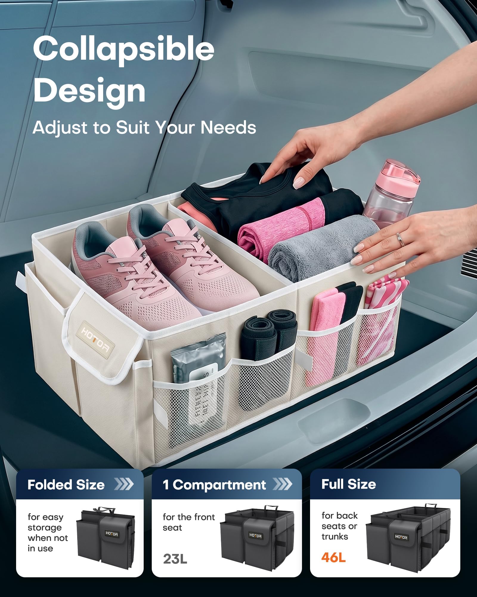HOTOR folded flat beside a shelf, easy compact storage at home