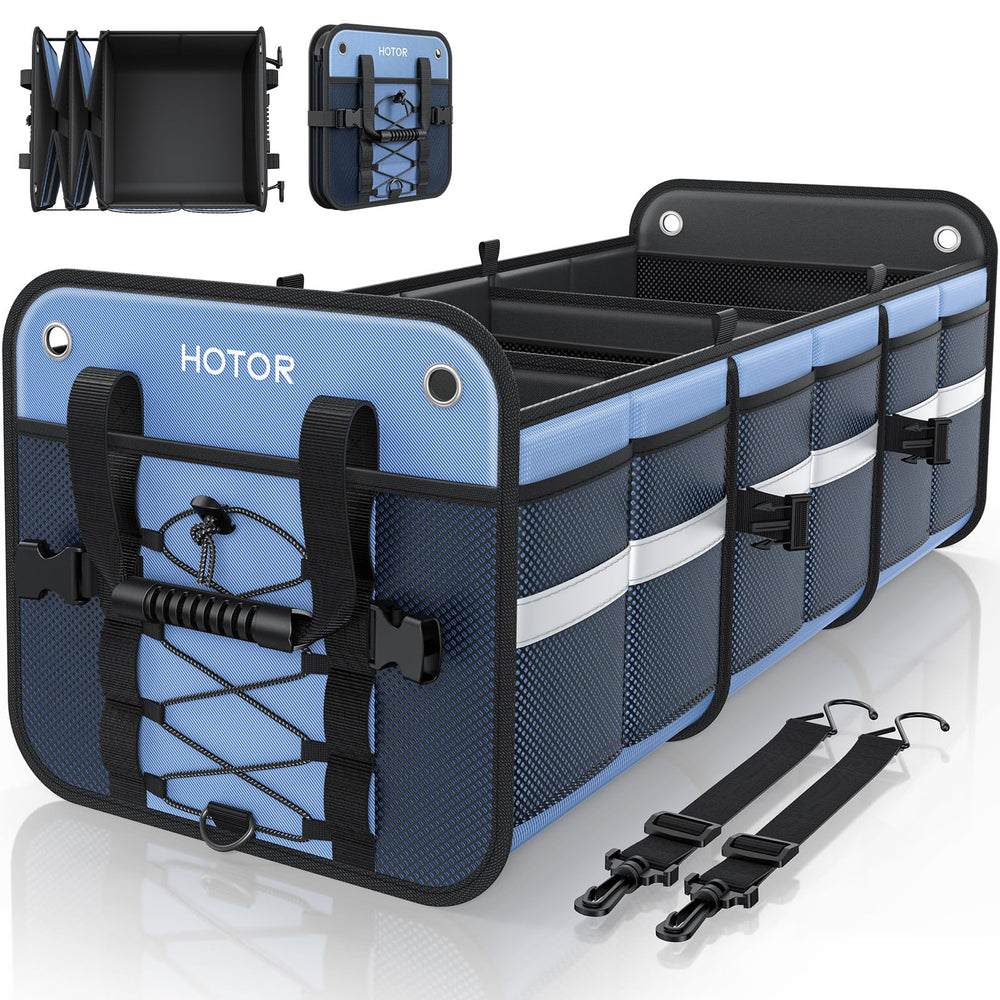 HOTOR trunk organizer front view showing compartments and pockets for neat storage