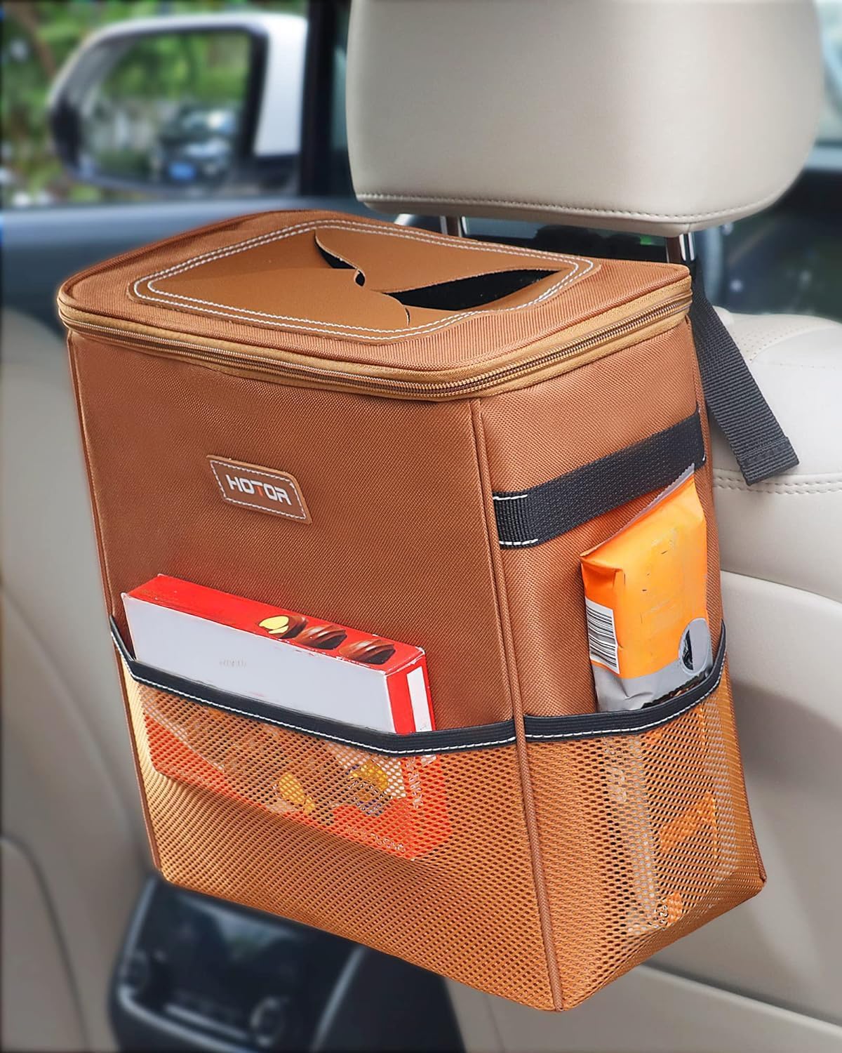 HOTOR front view of brown 3-gallon trash can showing compact organizer and tidy look