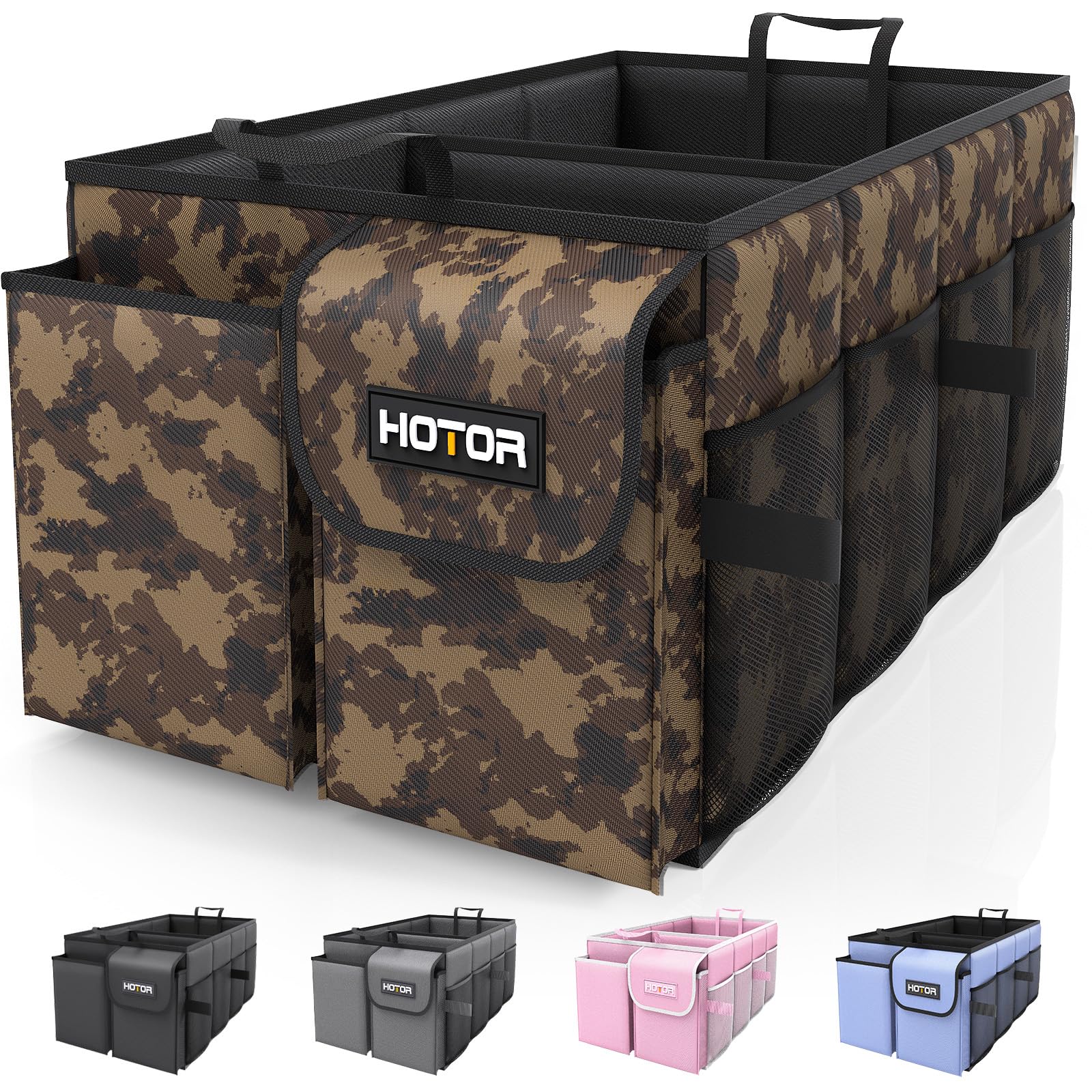 HOTOR front view of trunk organizer showing structure and easy access benefits