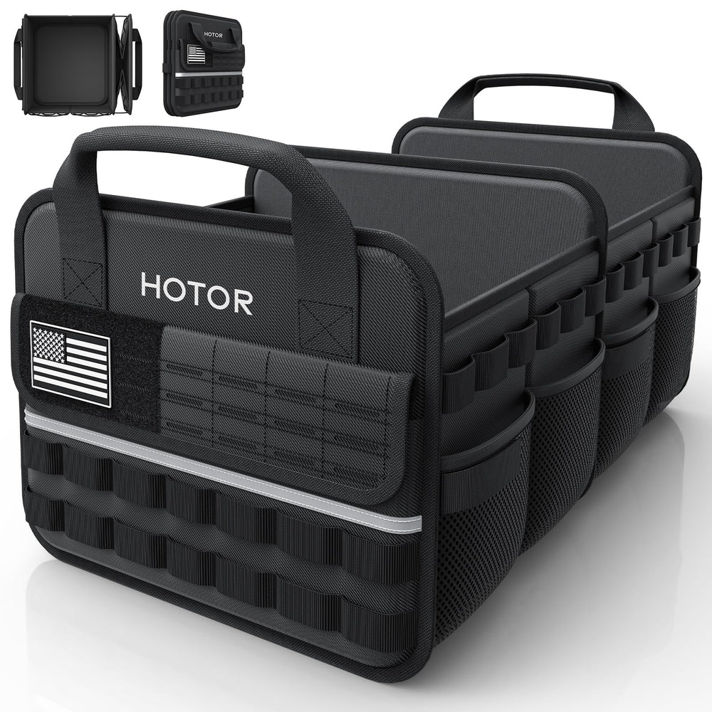 HOTOR front view showing MOLLE pocket and organized small gear benefit