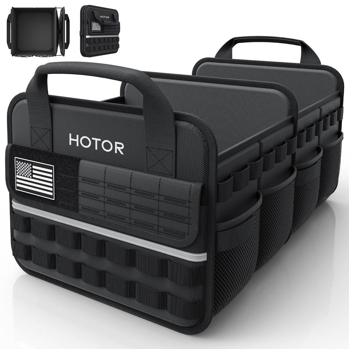 HOTOR front view showing MOLLE pocket and organized small gear benefit