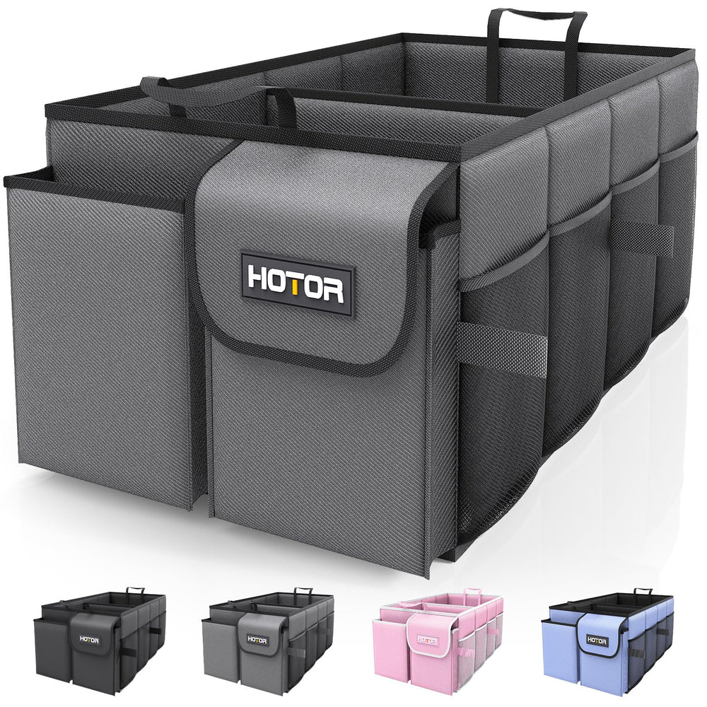HOTOR front view trunk organizer showing compartments and tidy storage benefit