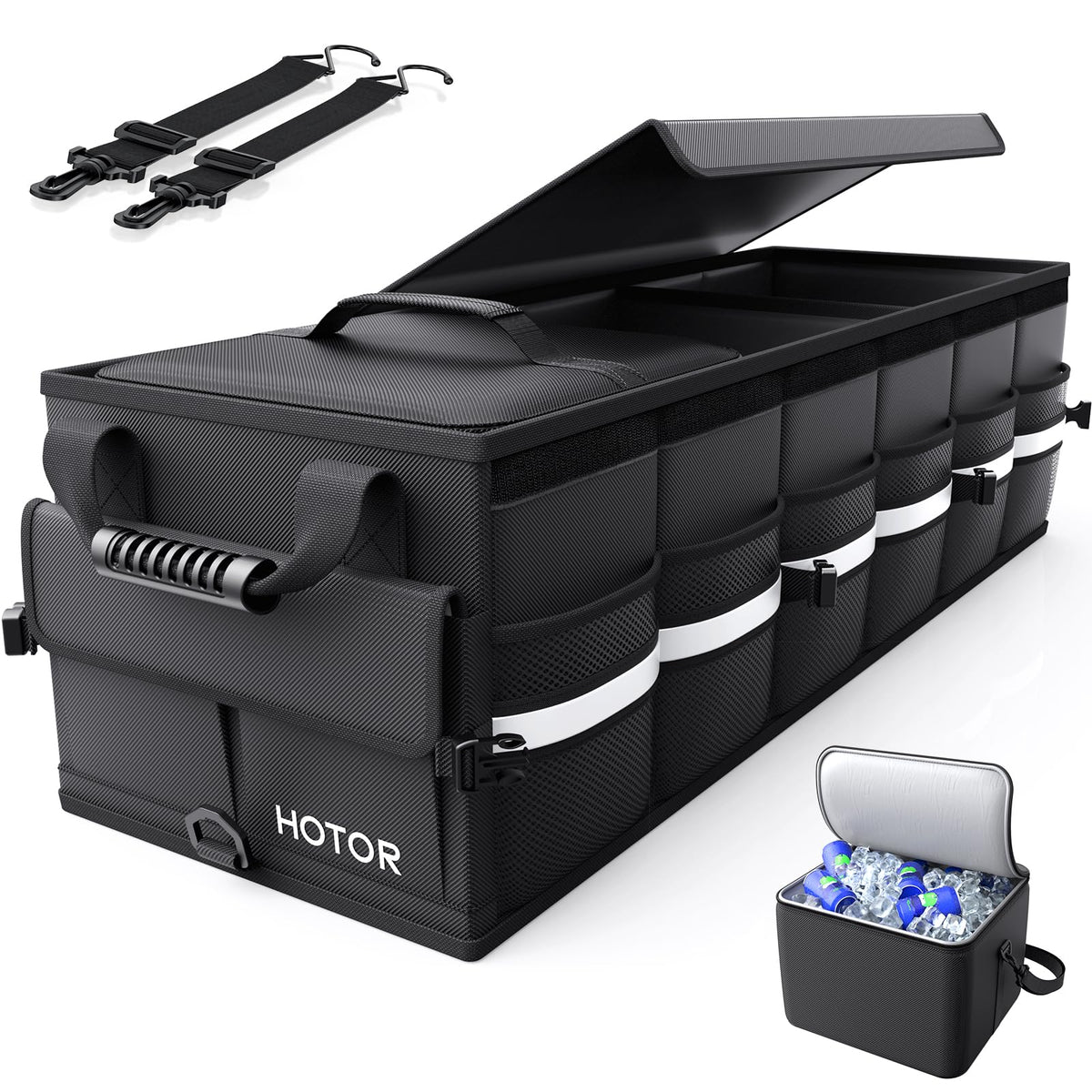 HOTOR front view of trunk organizer showing compartments and handles for tidy storage