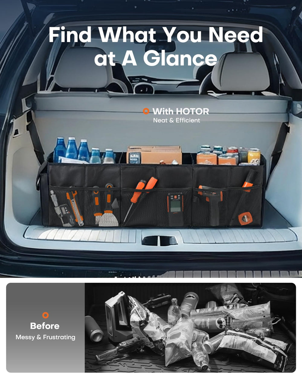 HOTOR loaded inside an SUV trunk illustrating organized storage on trips
