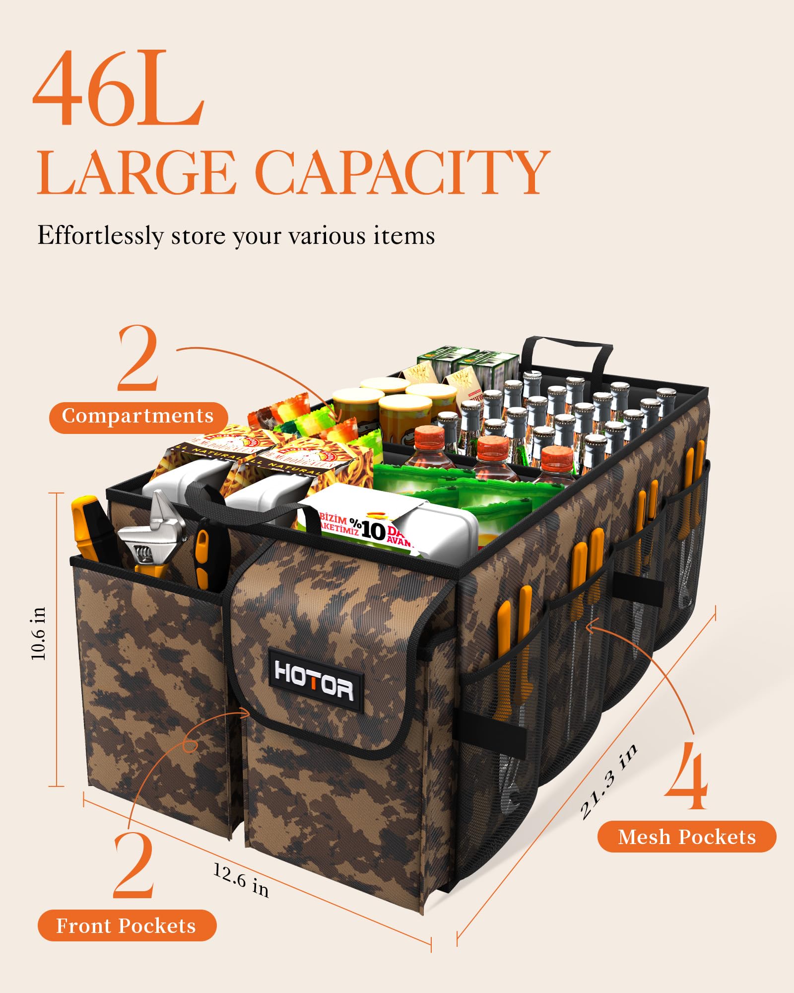 HOTOR trunk organizer installed in SUV trunk keeping groceries secure