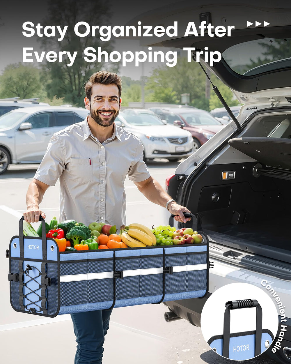 HOTOR installed in SUV trunk with groceries to show capacity and stability benefit