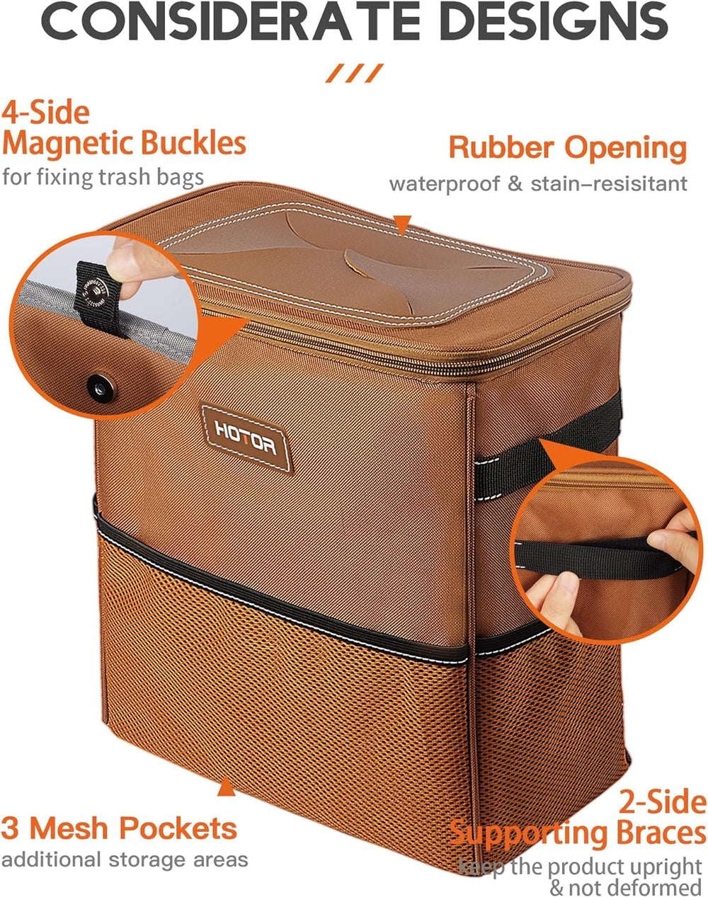 HOTOR detail of four magnetic snaps securing trash liners for quick bag changes