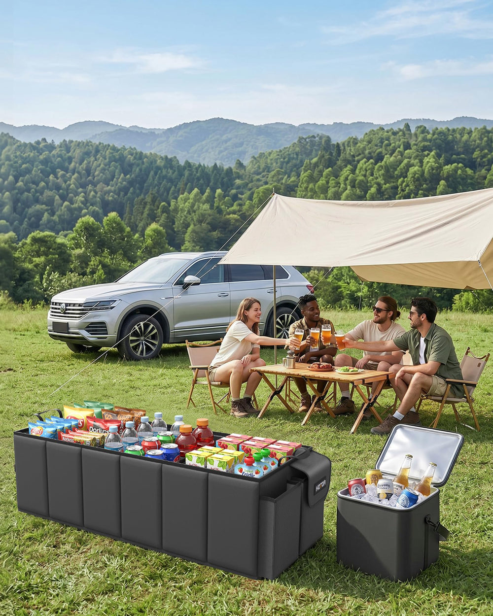 HOTOR organizer placed in SUV trunk demonstrating secure storage and space saving
