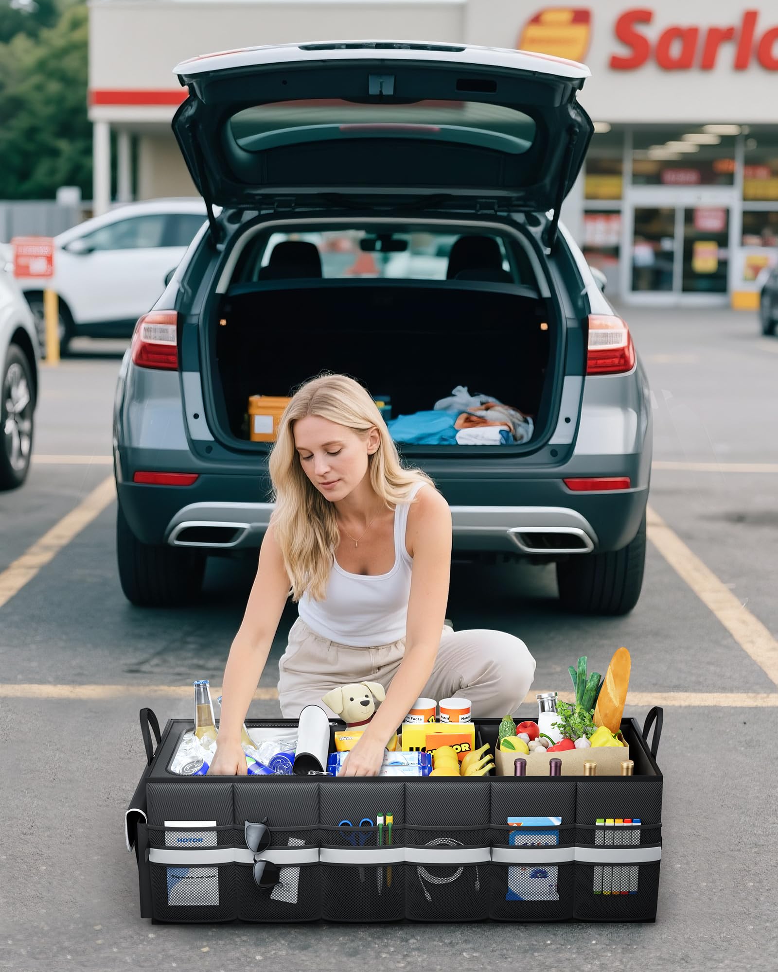 HOTOR pockets filled for organized grocery, tool, and gear storage