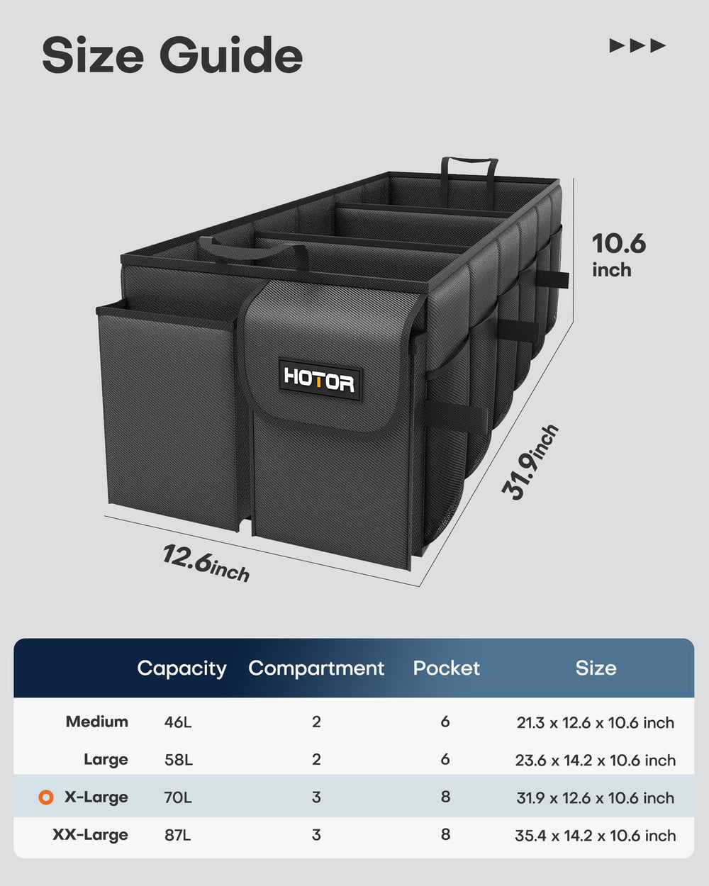HOTOR half-folded side profile demonstrating adjustable shape and space-saving benefit
