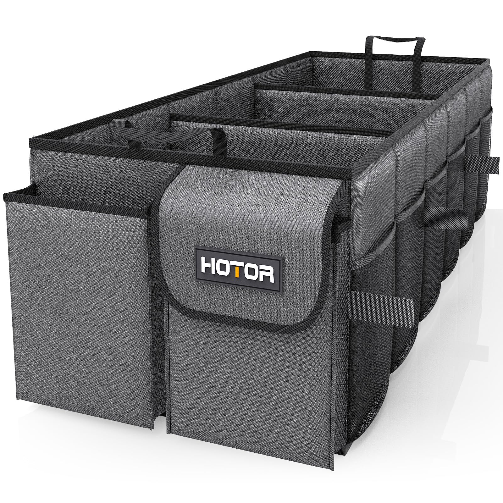 HOTOR trunk organizer front view showing compartments and tidy storage benefit
