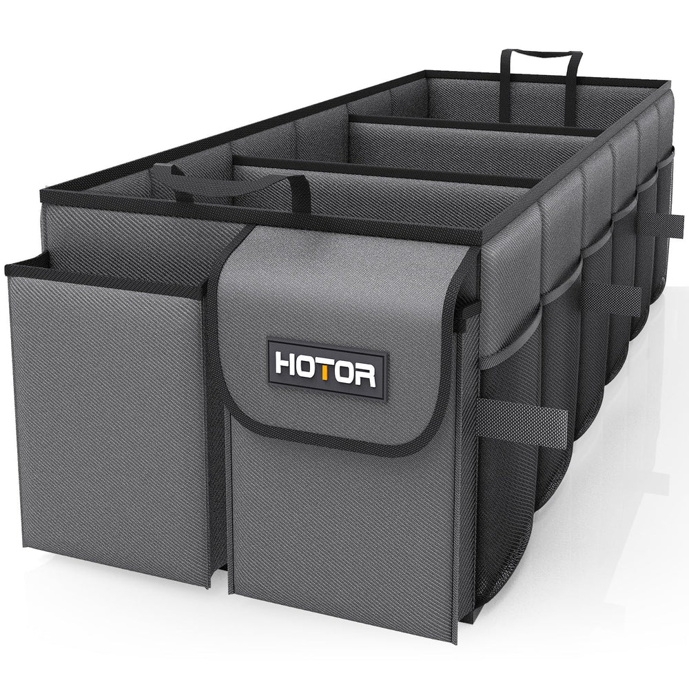 HOTOR trunk organizer front view showing compartments and tidy storage benefit