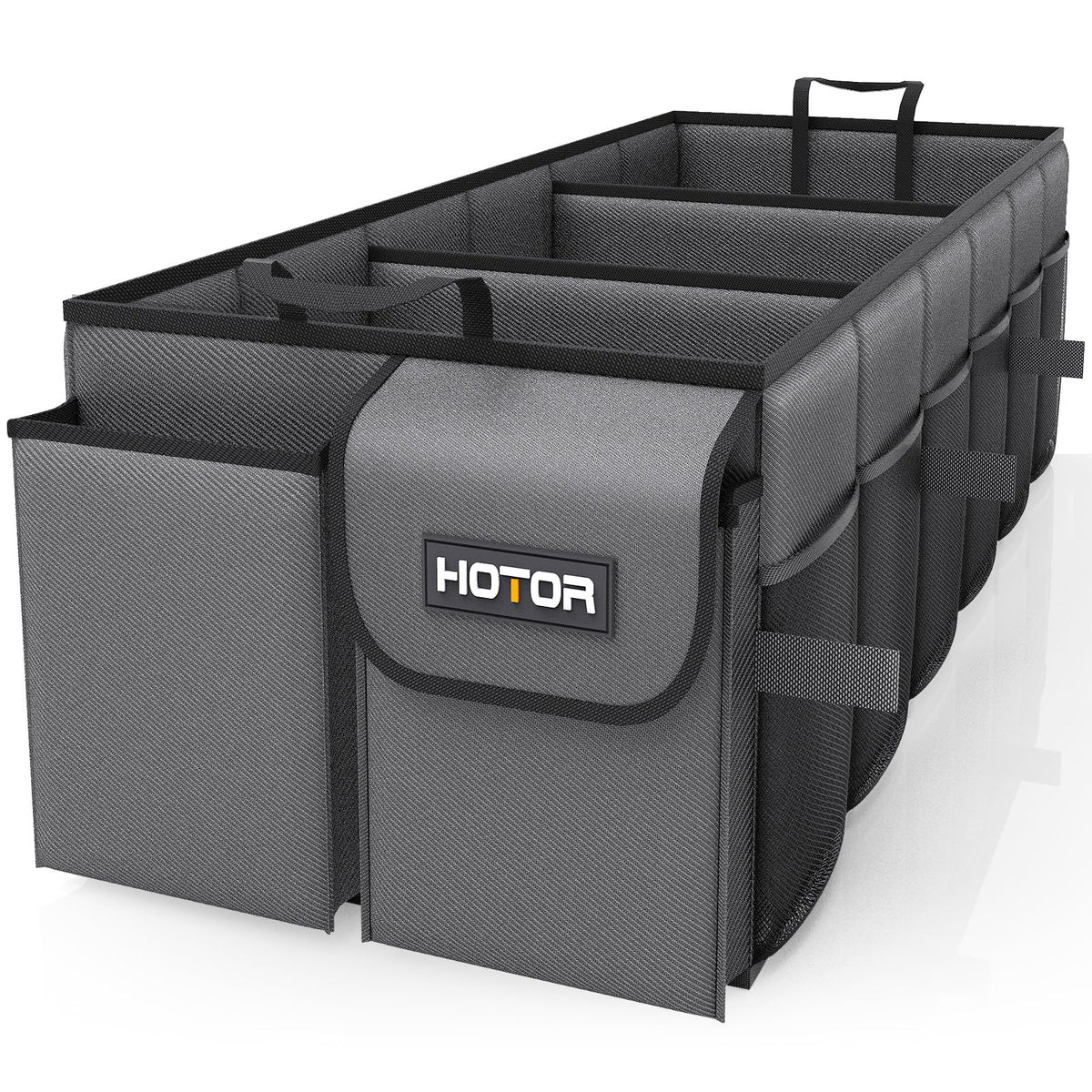 HOTOR trunk organizer front view showing compartments and tidy storage benefit