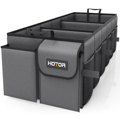 HOTOR trunk organizer front view showing compartments and tidy storage benefit