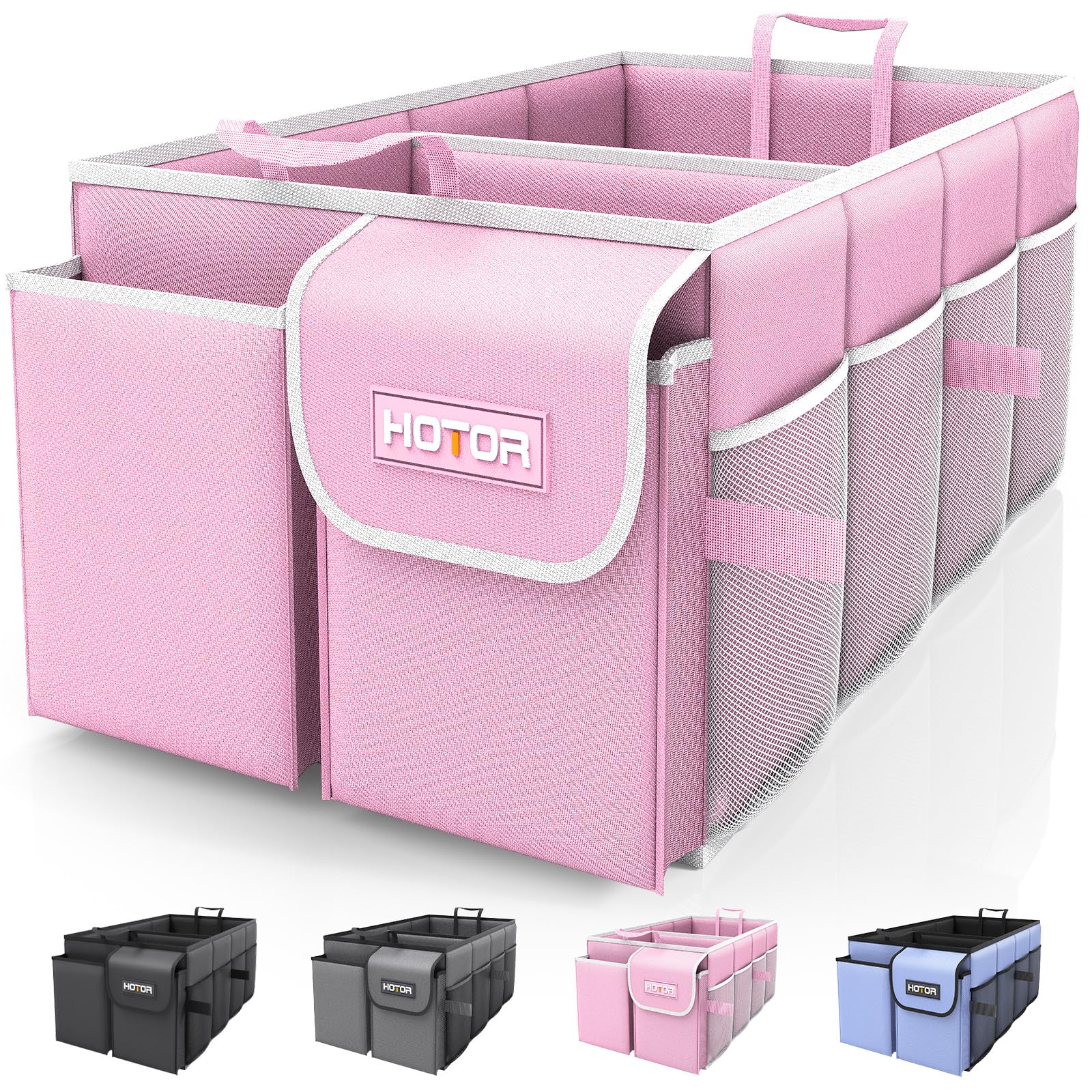 HOTOR trunk organizer front view showing two compartments for tidy storage