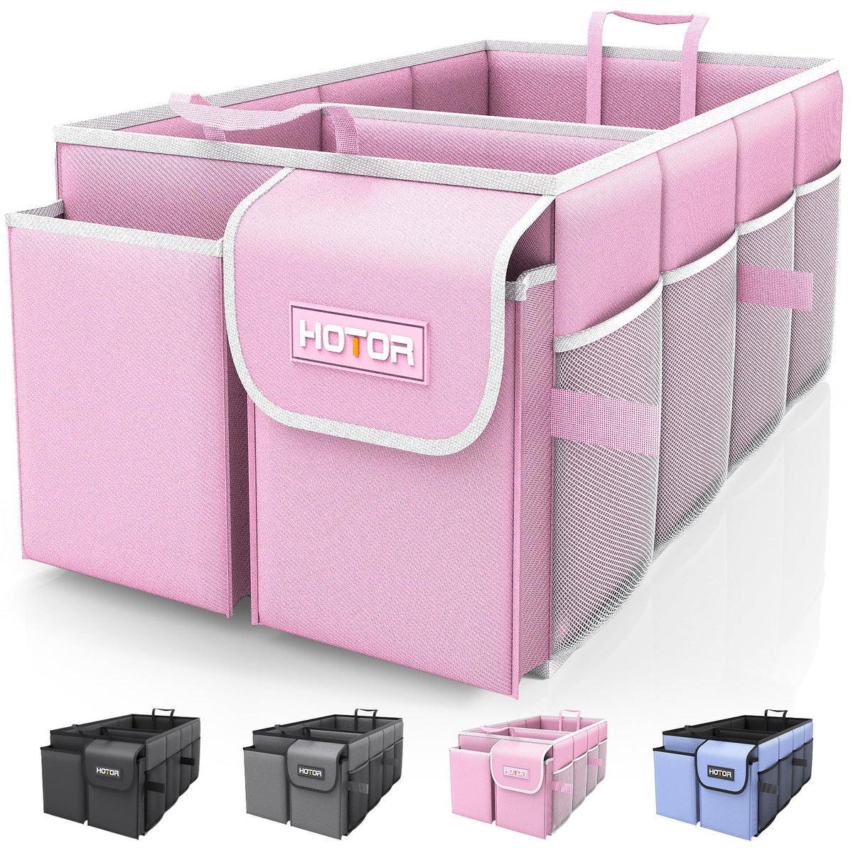 HOTOR trunk organizer front view showing two compartments for tidy storage