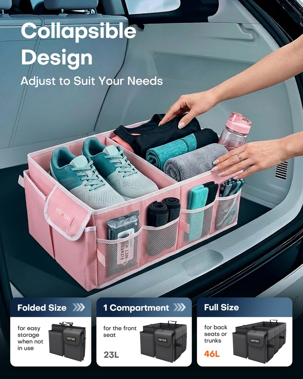 HOTOR organizer secured in an SUV trunk offering organized cargo space