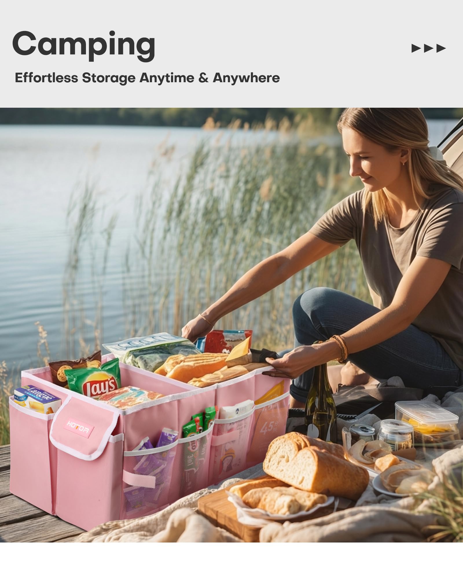 HOTOR organizer filled with groceries keeping items upright and protected