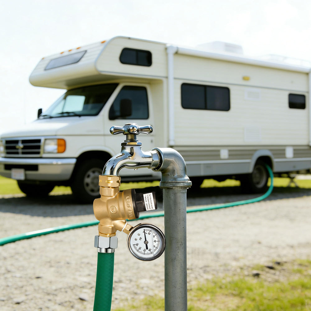 Hourleey installed at campground faucet demonstrating safe water pressure for RV use
