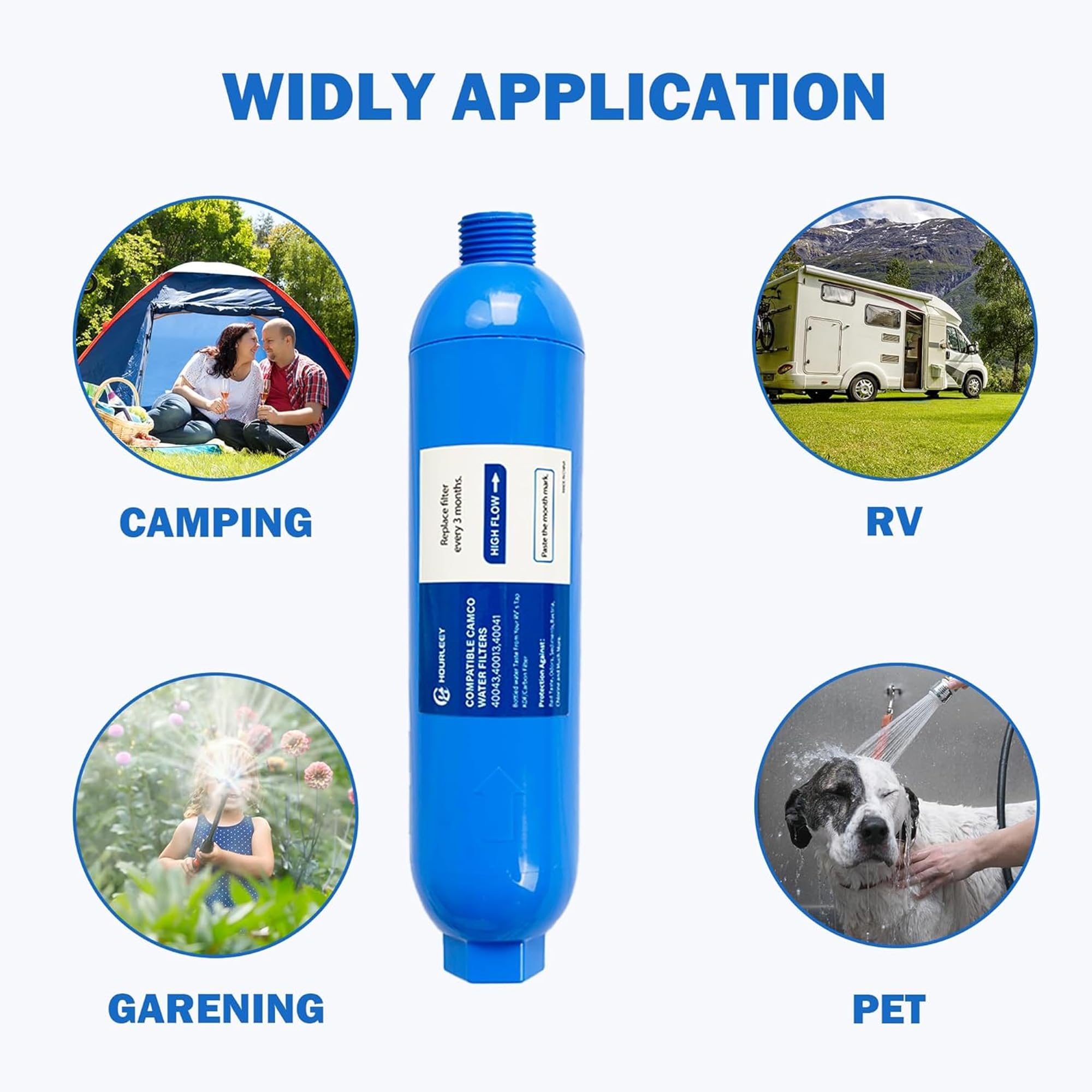 Hourleey inline filter connected to garden hose on RV, provides cleaner drinking water