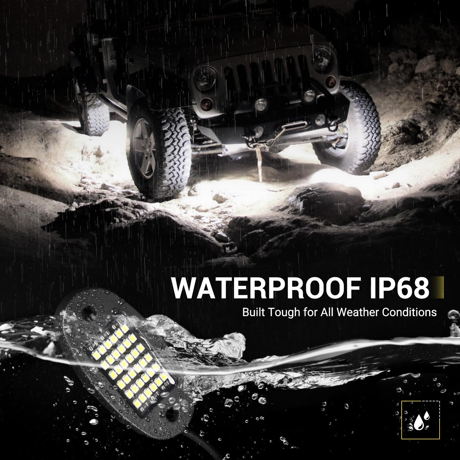 Hovano rock lights mounted under a truck demonstrating improved visibility and accent lighting