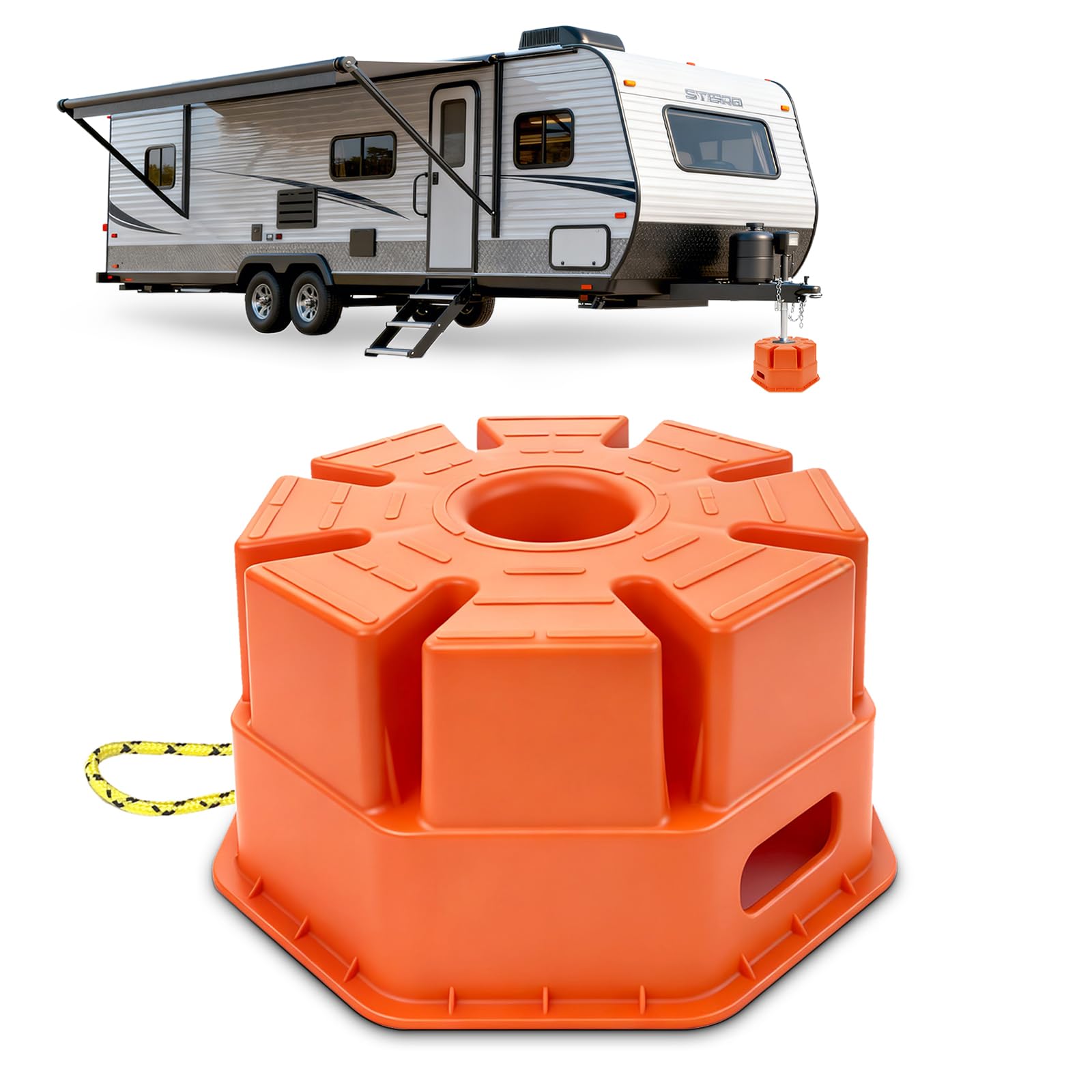 HOXWELL block in campsite setup under trailer jack showing enhanced campsite stability benefit