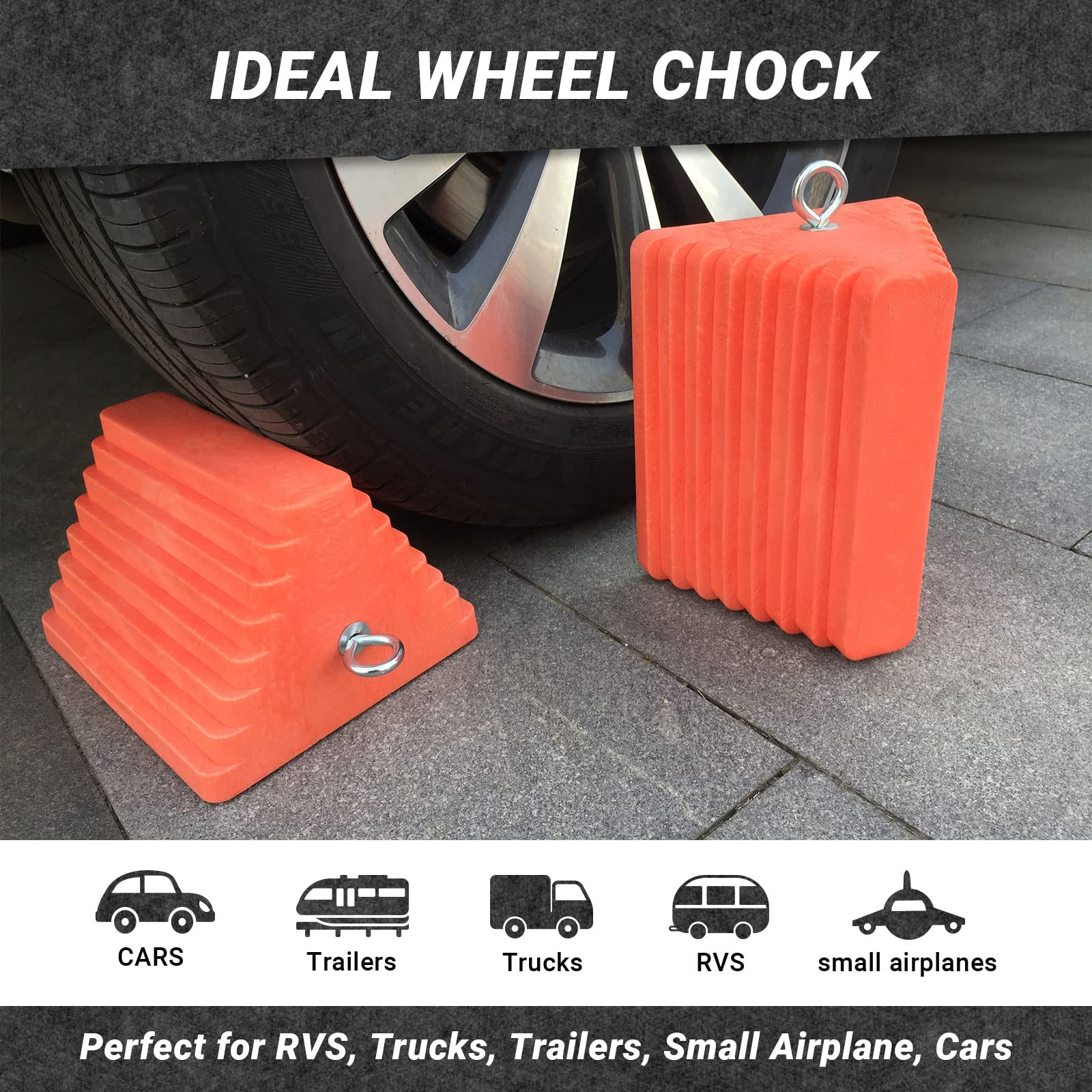 HOXWELL chock placed under trailer tire demonstrating secure stabilization