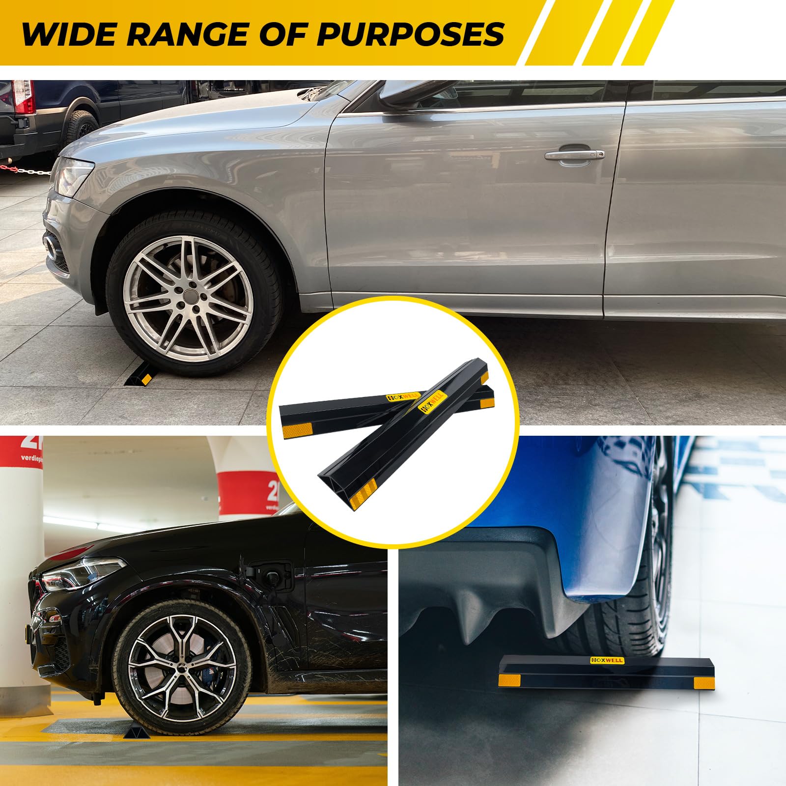 HOXWELL two-pack placed in a driveway scene, protects vehicles in home parking
