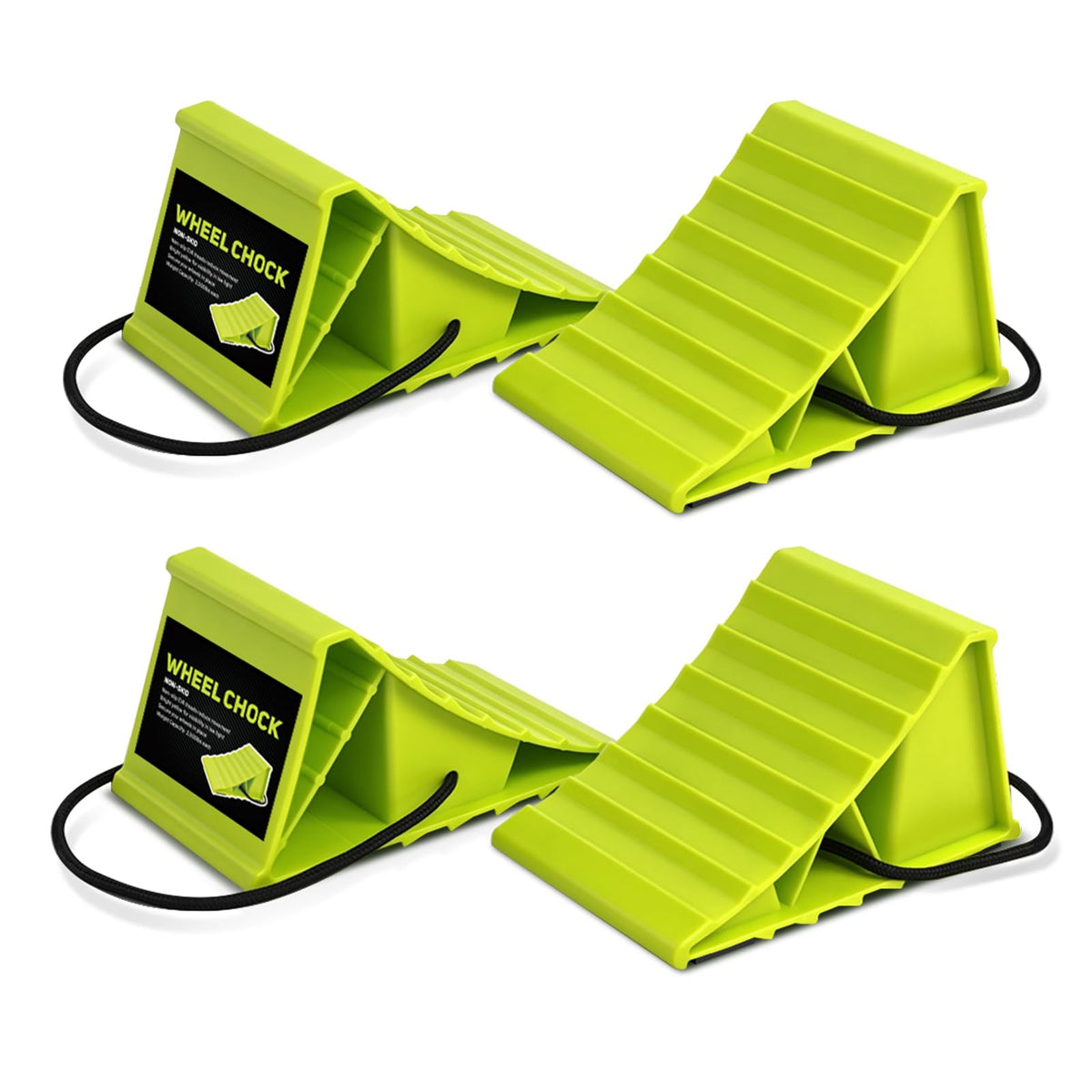 HOXWELL front view of chocks showcasing shape and bright green visibility benefit