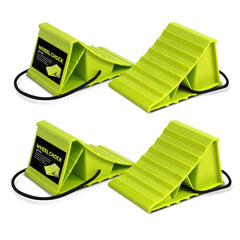 HOXWELL front view of chocks showcasing shape and bright green visibility benefit