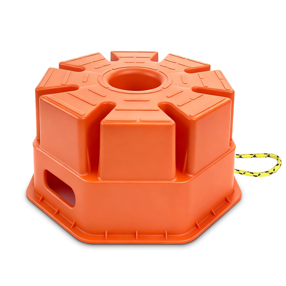 HOXWELL front view of orange jack block showing sturdy base and portability benefit