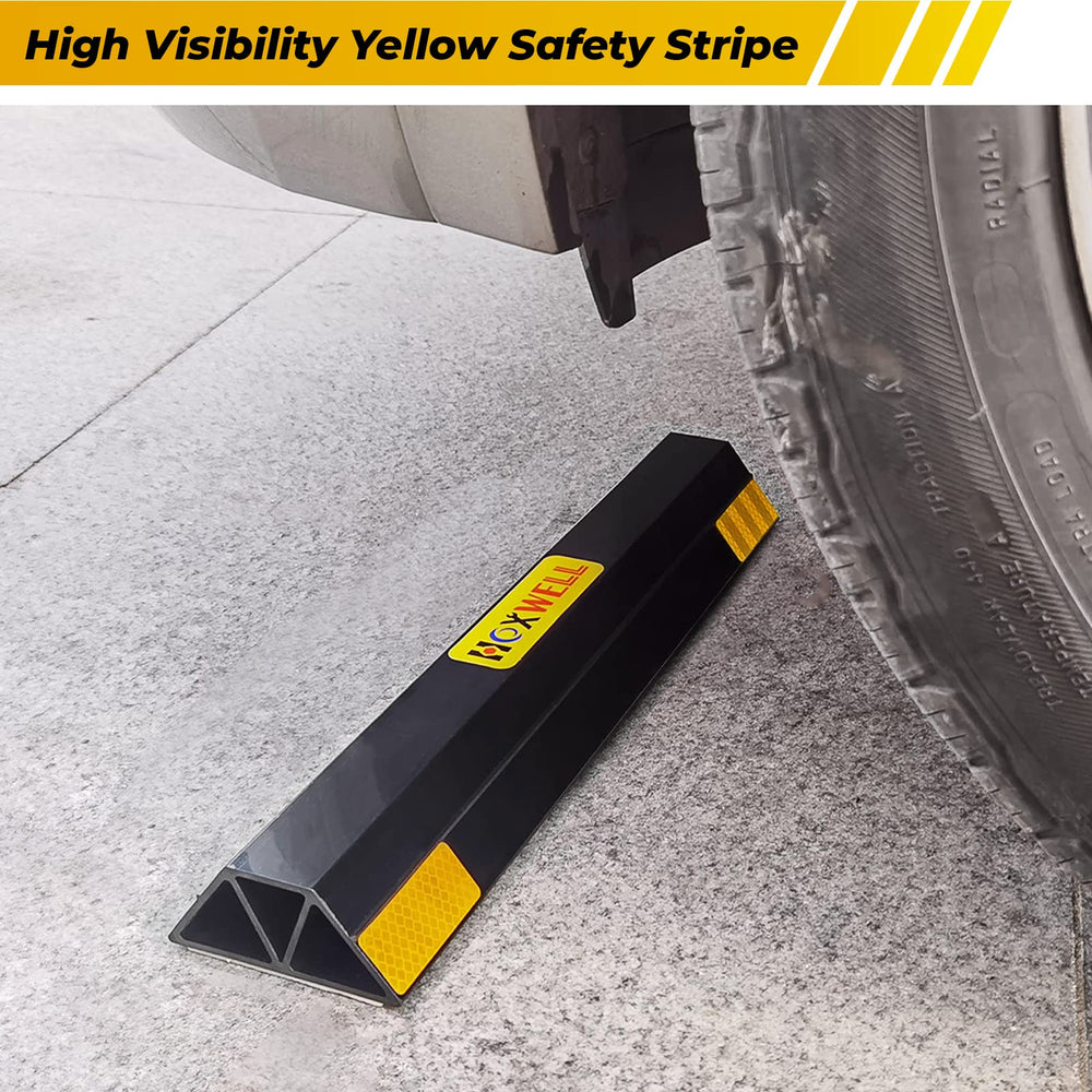 HOXWELL installed in a garage with car wheel touching bumper, prevents wall contact