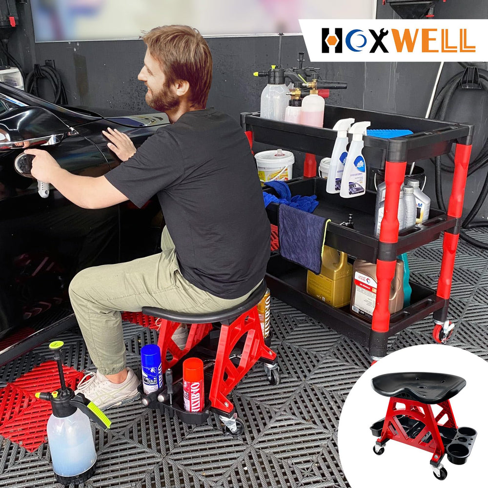 HOXWELL rolling stool in a garage setting for efficient workshop use