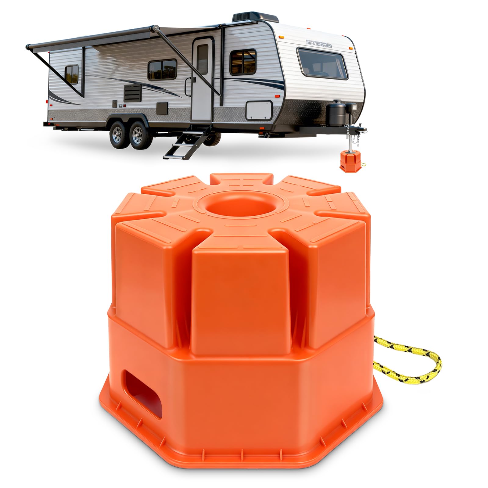 HOXWELL lifestyle image with block under trailer at campsite improving stability