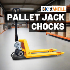 HOXWELL pallet jack wheel seated in chock groove demonstrating immobilization benefit