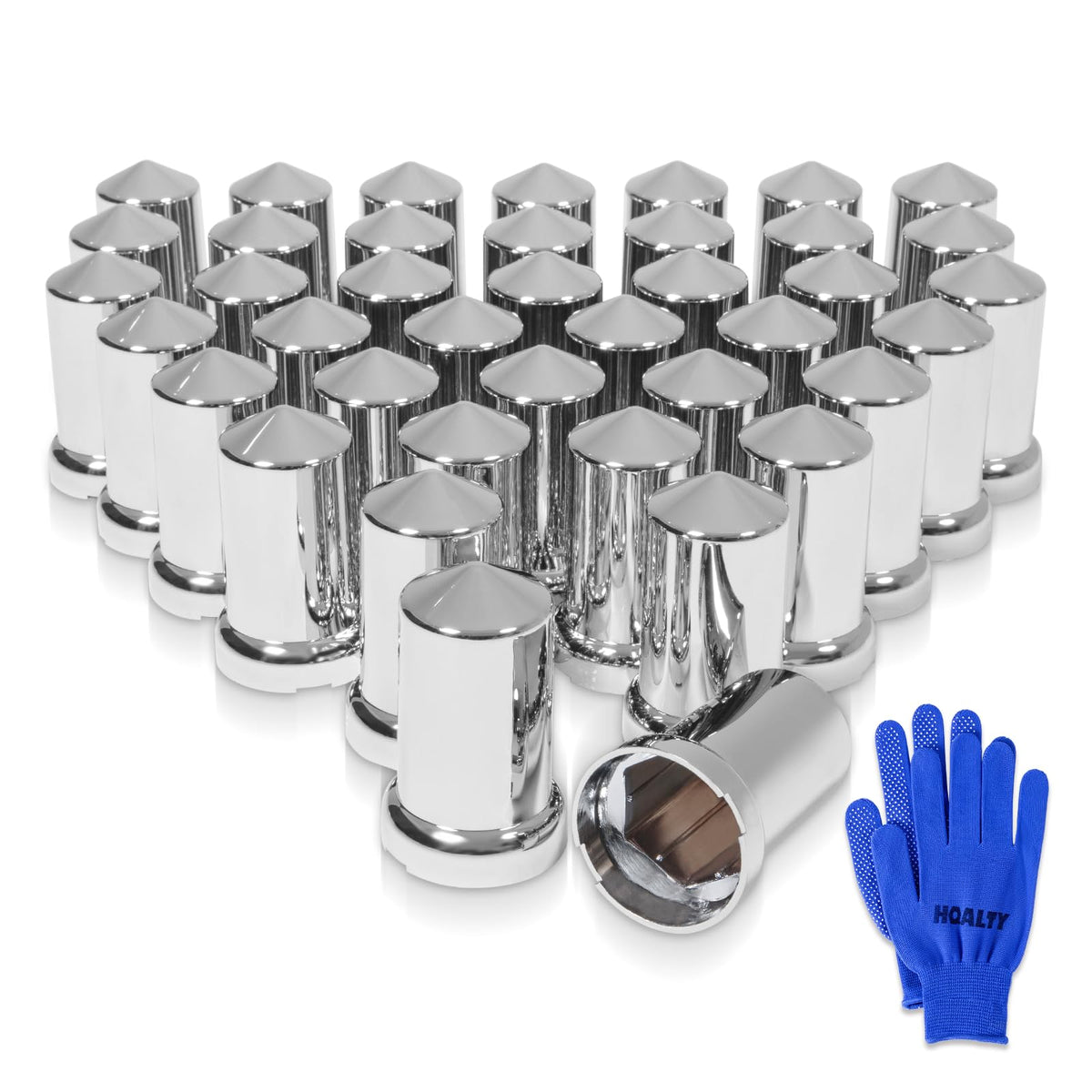 HQALTY front view of 40PCS chrome lug nut covers showing full kit and benefit of complete set