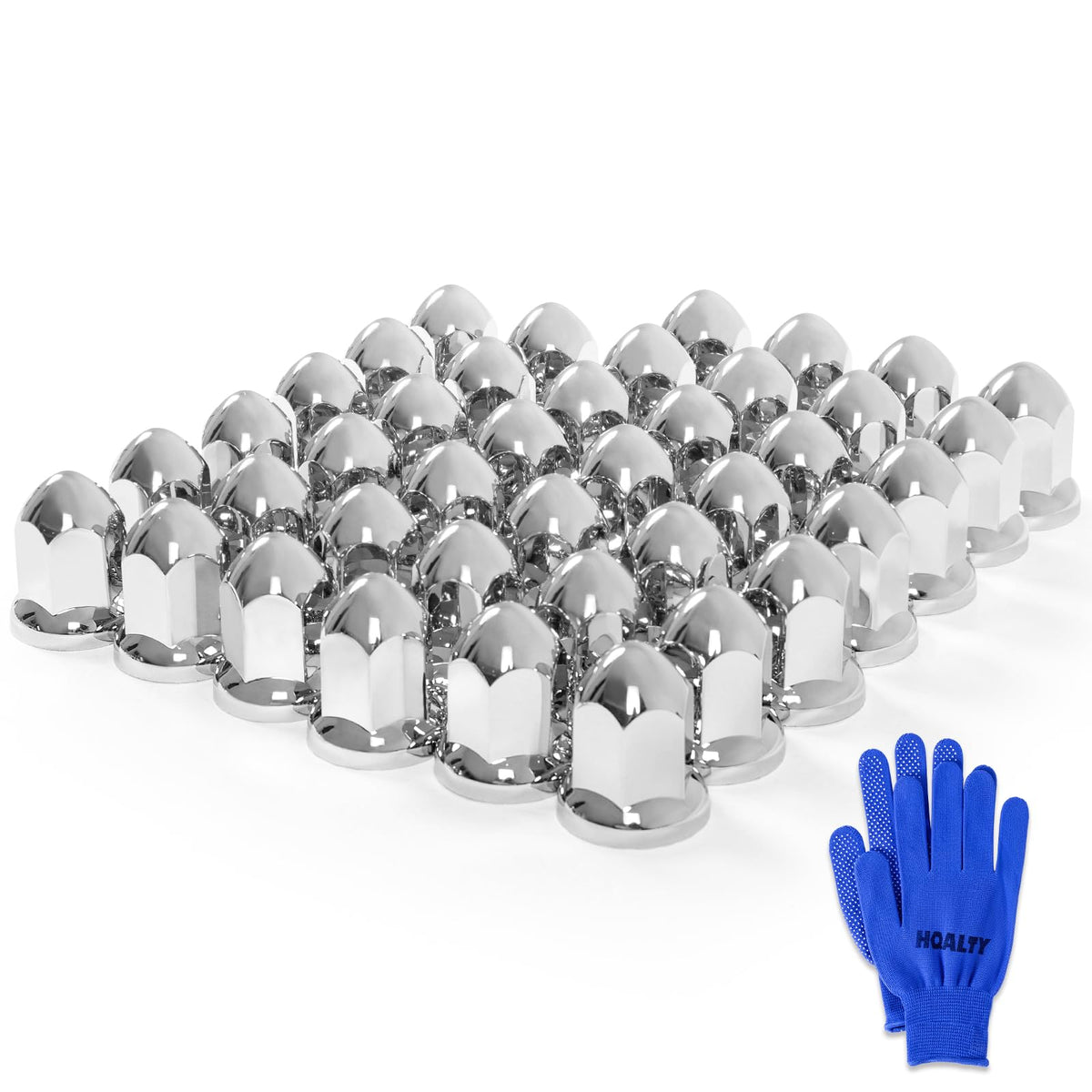 HQALTY front view of lug nut covers showing polished chrome finish and complete kit