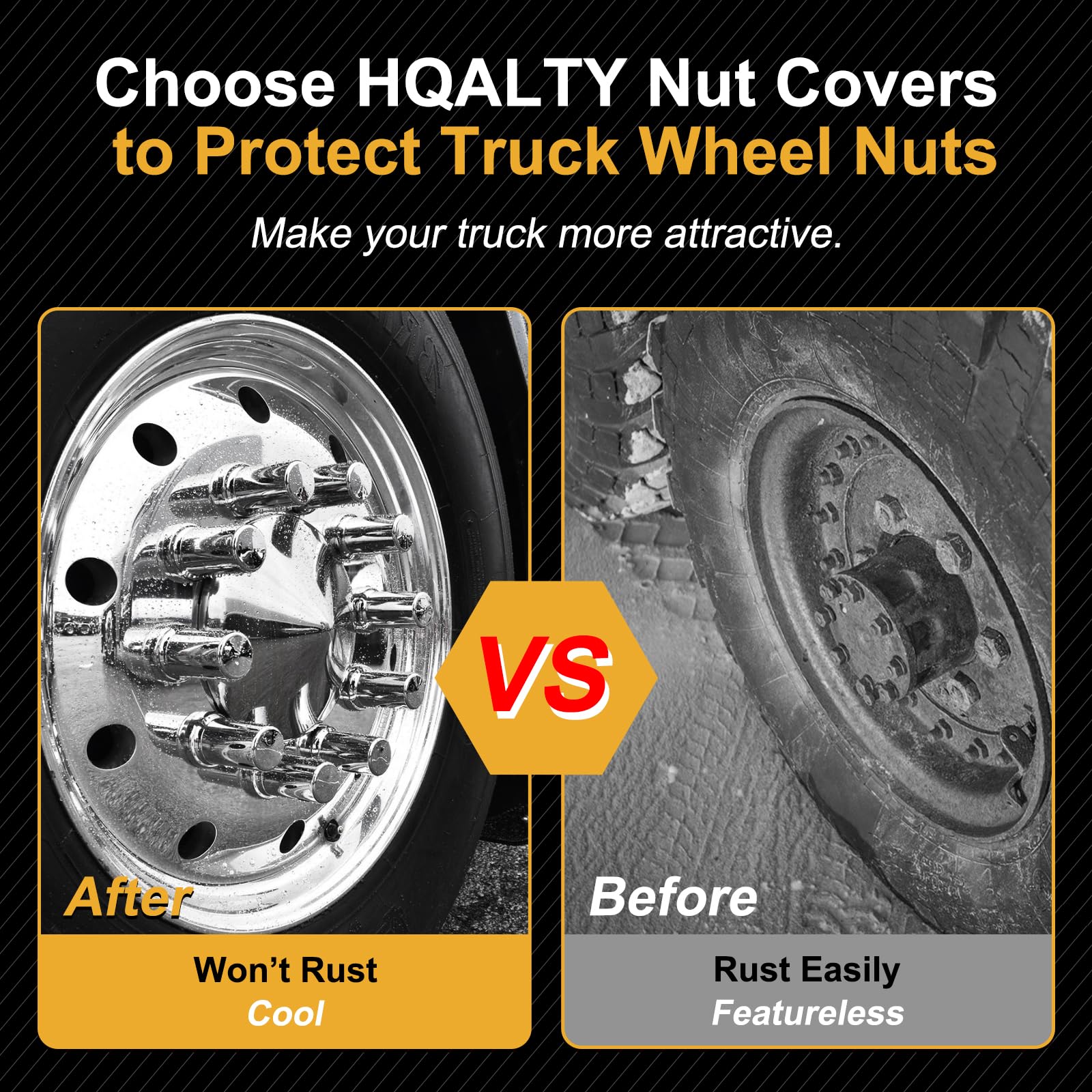 HQALTY installed on semi truck wheel showing improved appearance and protection