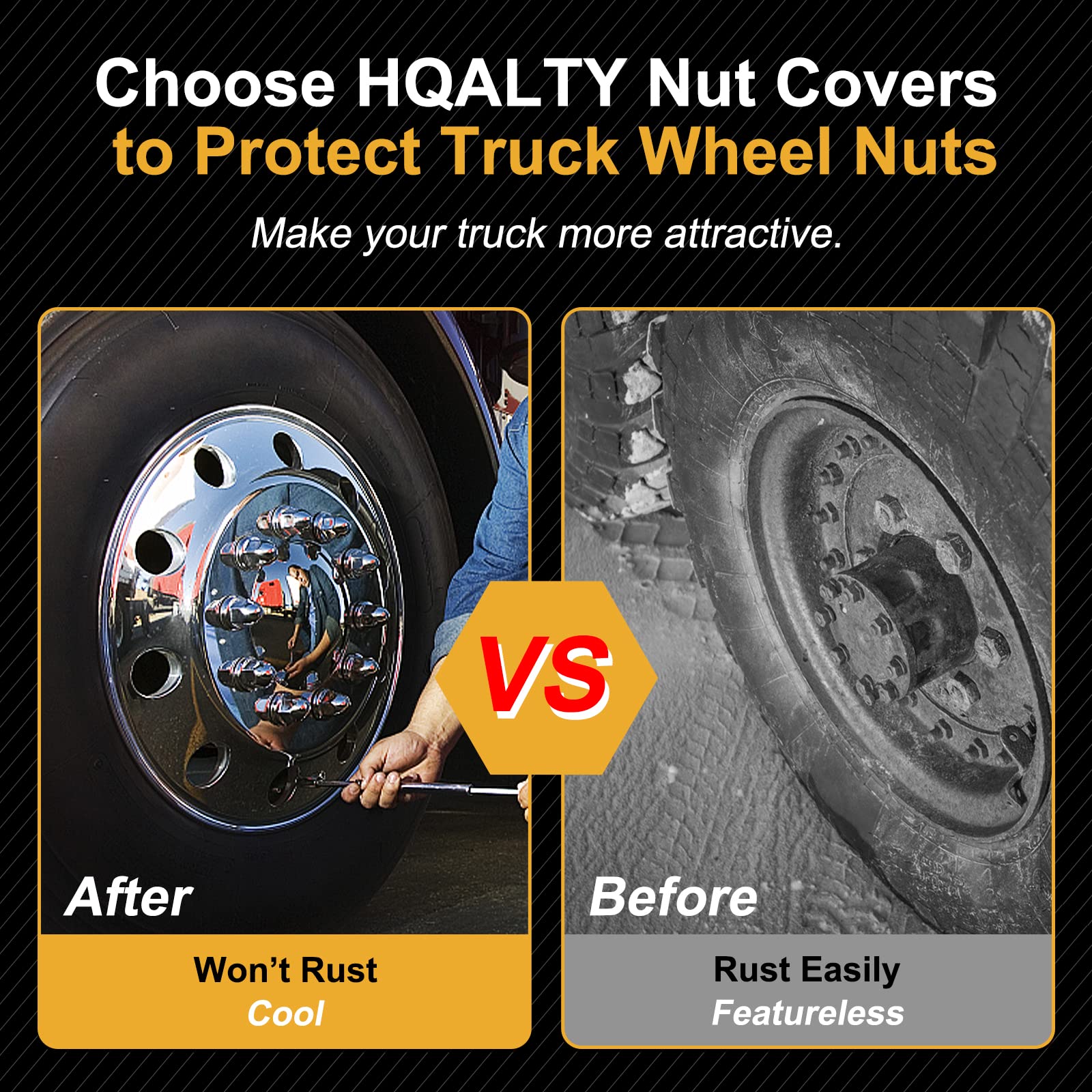 HQALTY covers installed on semi truck wheel enhancing appearance and protection