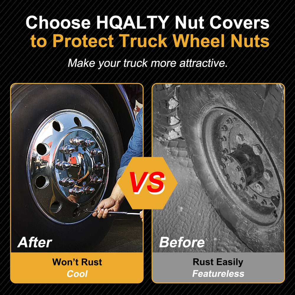 HQALTY covers installed on semi truck wheel enhancing appearance and protection