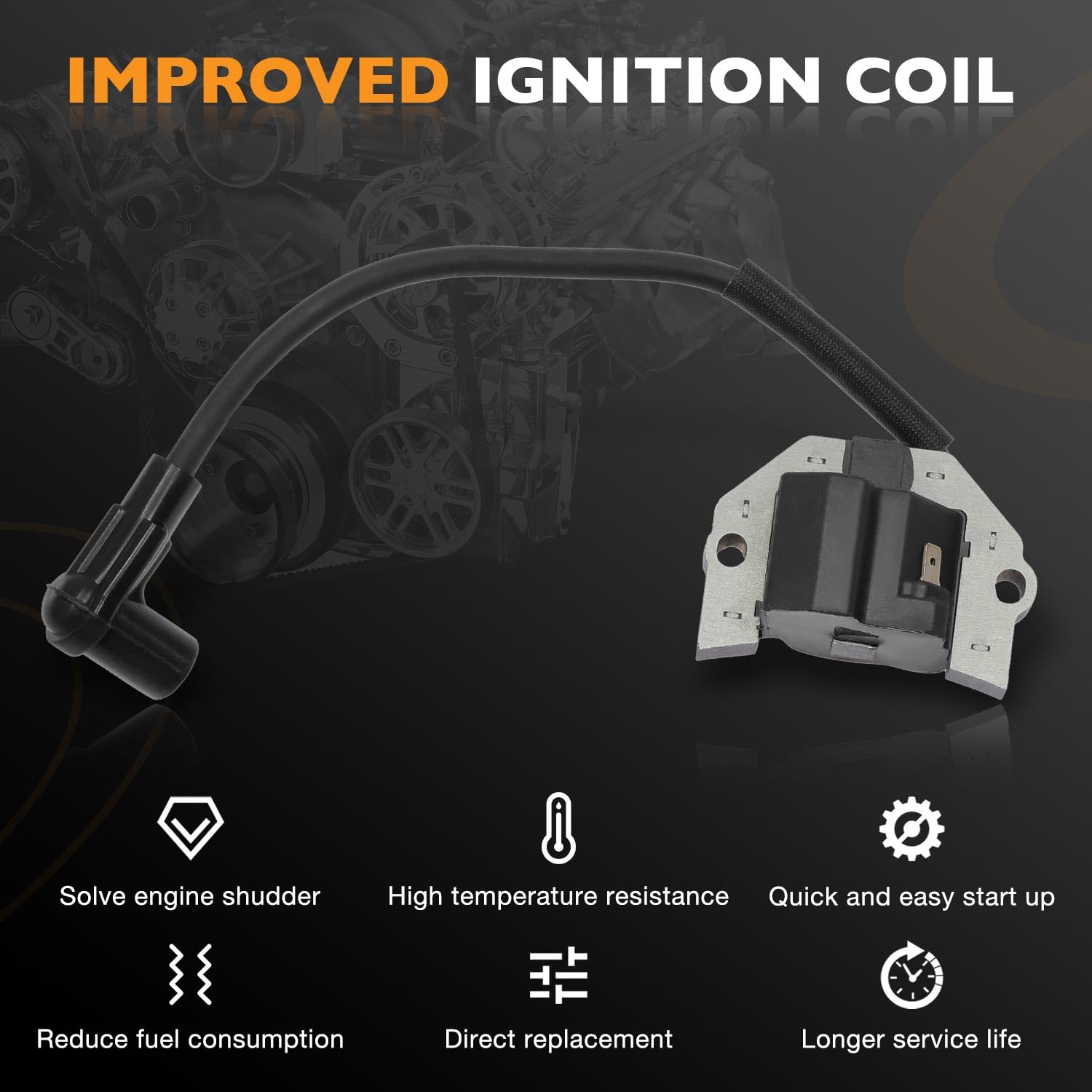 HQPASFY ignition coil in a lawn mower setting reducing misfires and downtime