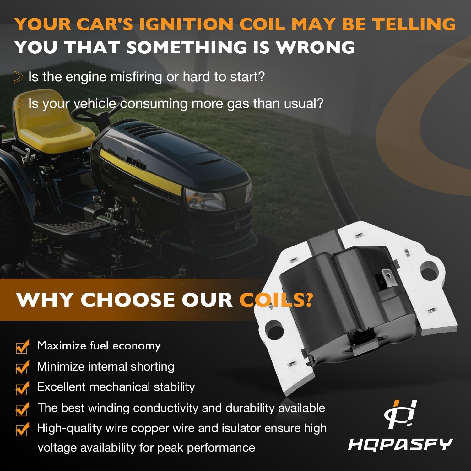 HQPASFY ignition coil packaging and label showing part numbers and warranty