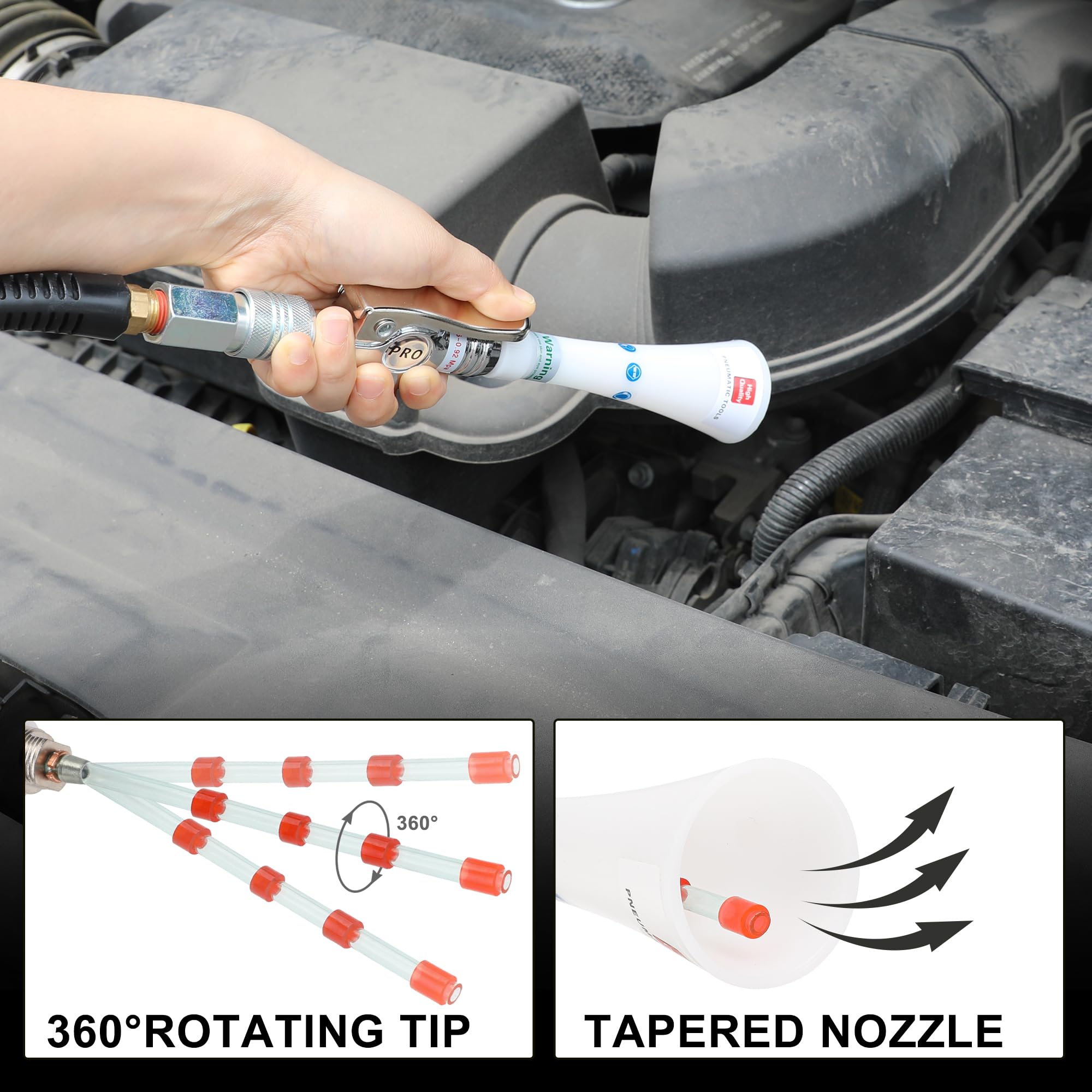 Hromee 360° rotate nozzle detail illustrating wider coverage and speed benefit
