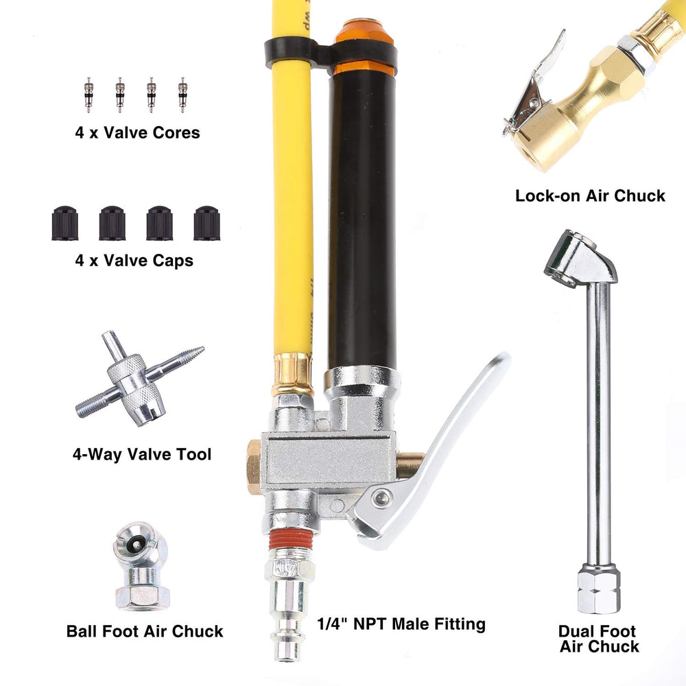 Hromee accessories laid out including valve cores caps and 4-way tool for repairs