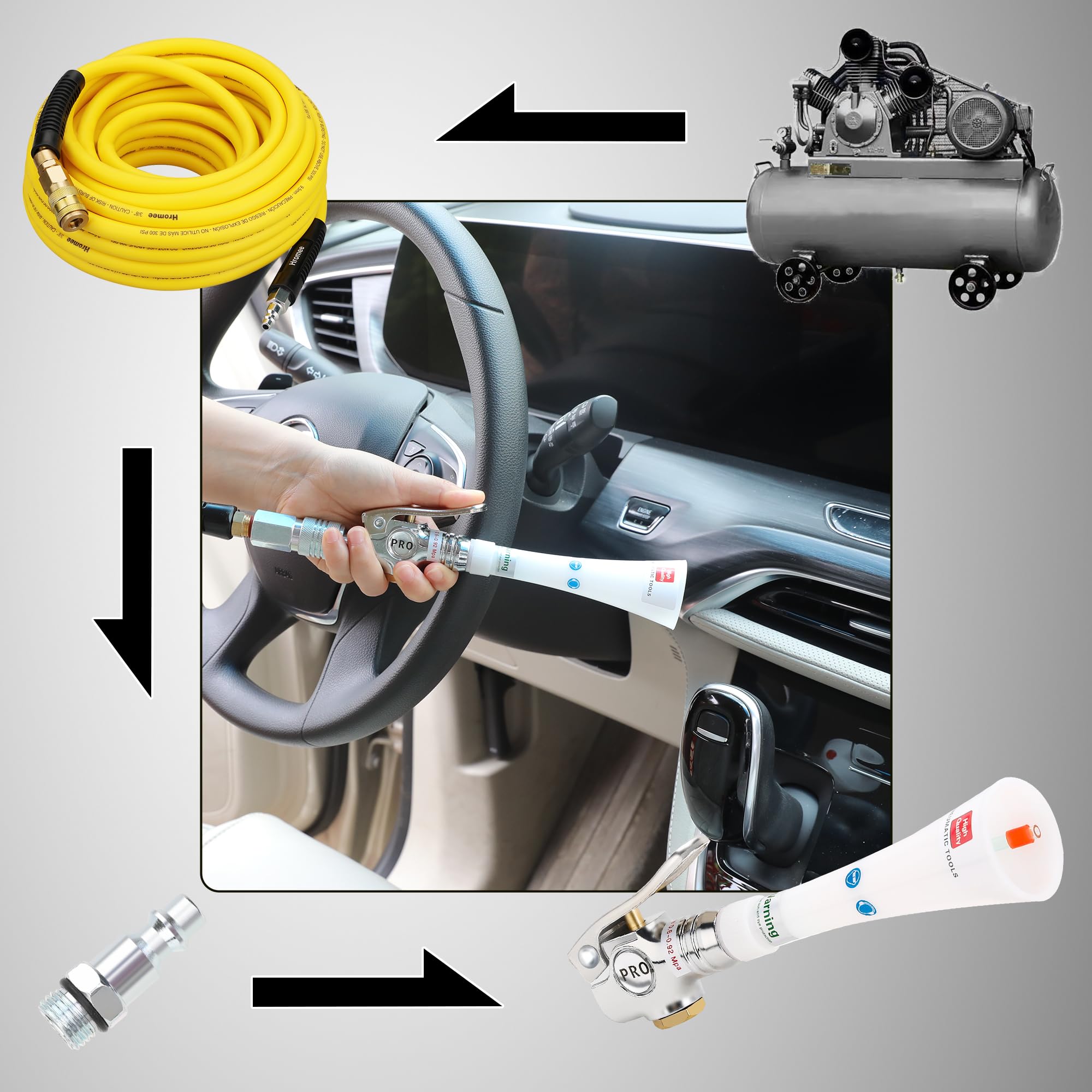 Hromee in-use interior detailing blowing dust from seat seams for faster cleanup benefit