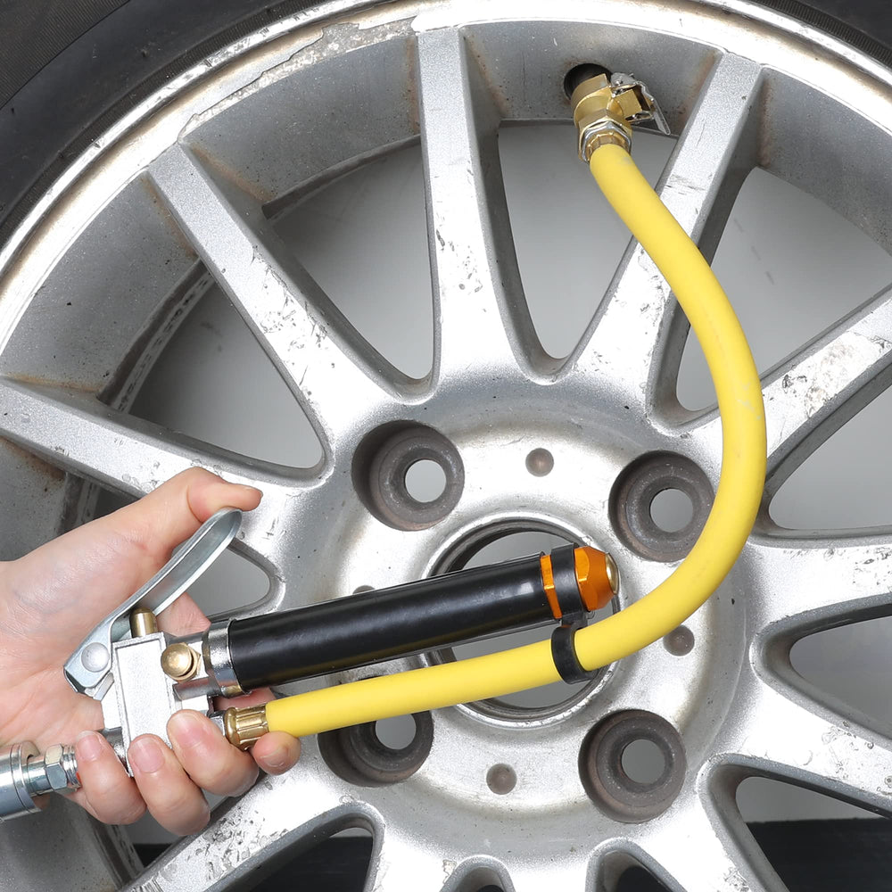 Hromee lock-on brass chuck attached to tire valve for secure, leak-free inflation