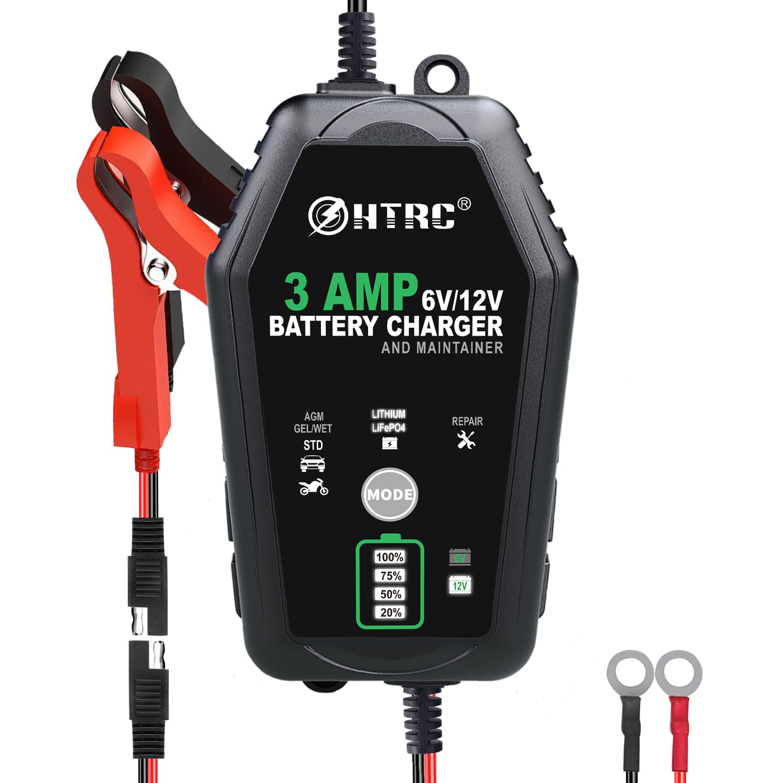 HTRC front view of compact 3A charger showing ports and casing for easy storage and portability